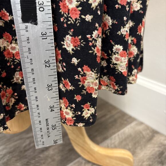 Vintage 90s Floral Button Front MaxiSkirt Black Red Ditsy Print A-Line Lg - Picture 6 of 10